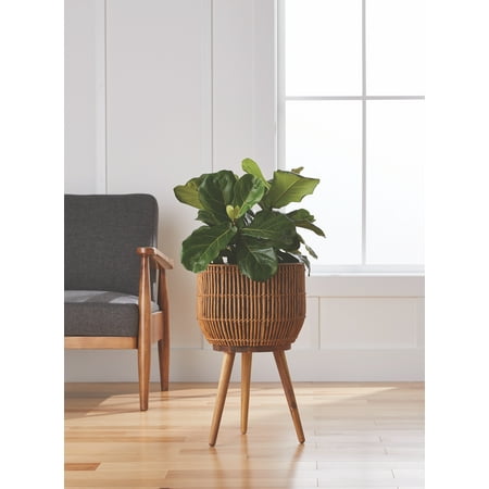 Better Homes & Gardens 13 Inch Round Brown Resin Rattan Planter & Stand with Acacia Wood Legs