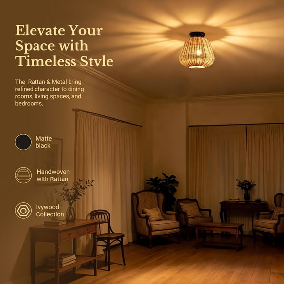 Better Homes & Gardens Nature Woven Ceiling Light, A19 60W Soft White, Medium Base, Dimmable, 1 pack