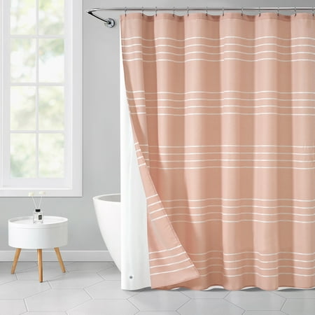 Better Homes & Gardens 14 Piece Textured Stripe 72"x70" Shower Curtain Set with 12 Metal Shower Hooks, Polyester