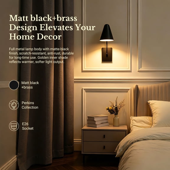 Better Homes &Gardens 15.16in Contemporary Black 1-Light Indoor Wall Light, Brass Interior No Bulb