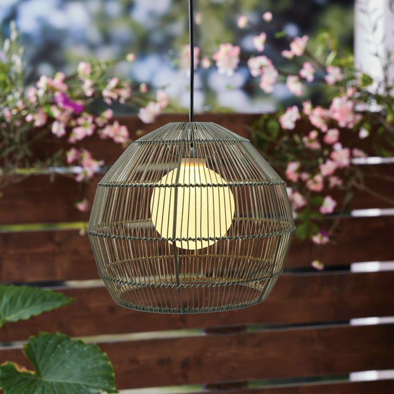 Better Homes & Gardens 16'' 13 Lights Gray PE Battery Operated Outdoor Woven Pendant Hanging Lantern, Size: Large 4405042A