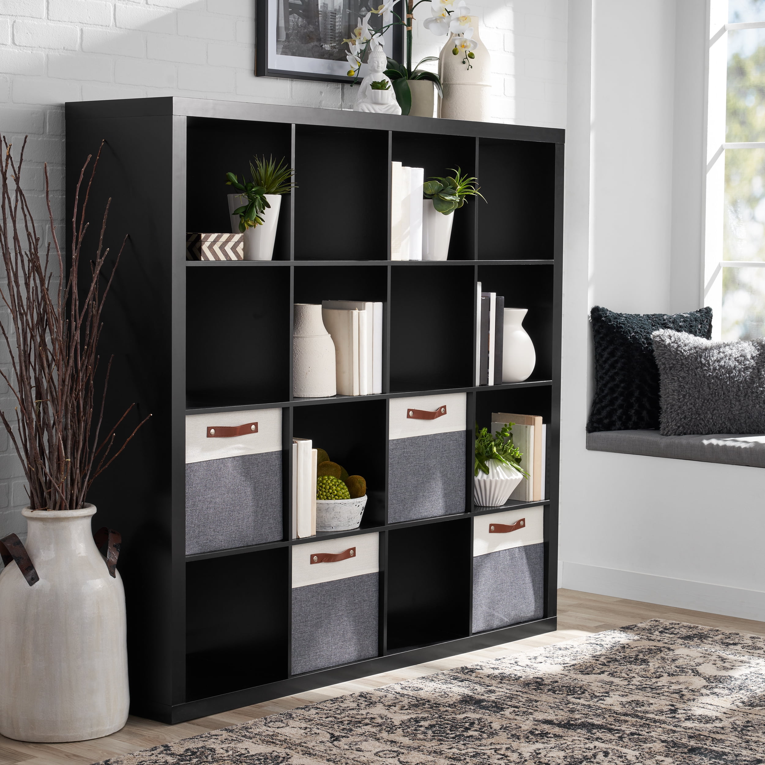 Better Homes & Gardens 16-Cube Storage Organizer, Solid Black, Size: 57.4 inch x 15.35” x 56.85 inch