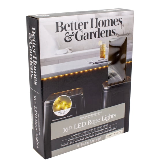 Better Homes & Gardens 16 ft 7.2 Watt Plug-in Soft White LED Rope Light, 1 Pack