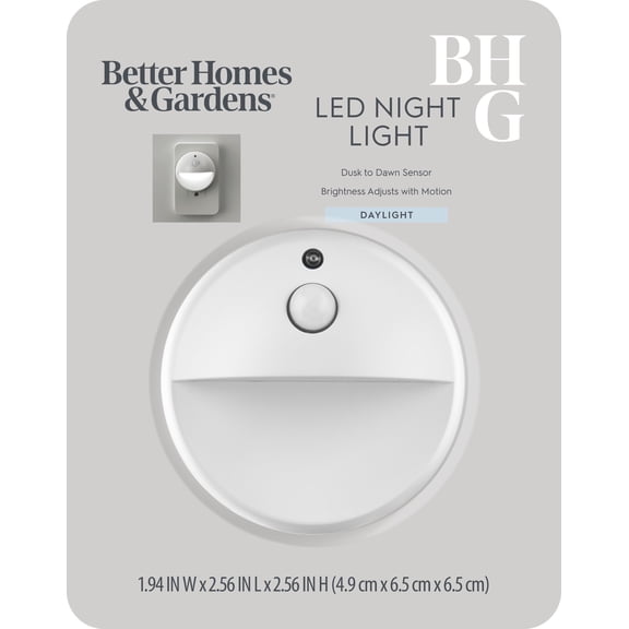 BH&G 2.65" Round LED Night Light, Daylight, Dusk to Dawn, High-Low Mode Activated by Motion White