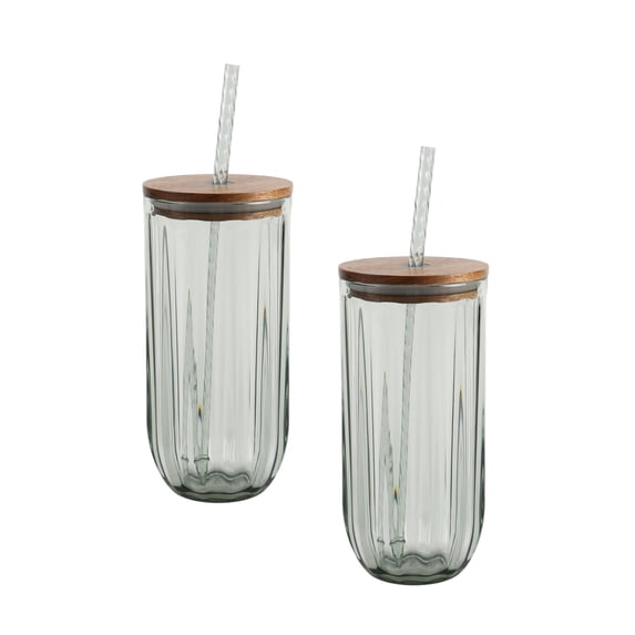 Better Homes & Gardens 2-Piece Green Ribbed Tritan Sipper Tumbler Set with Acacia Wood Lids and Straws