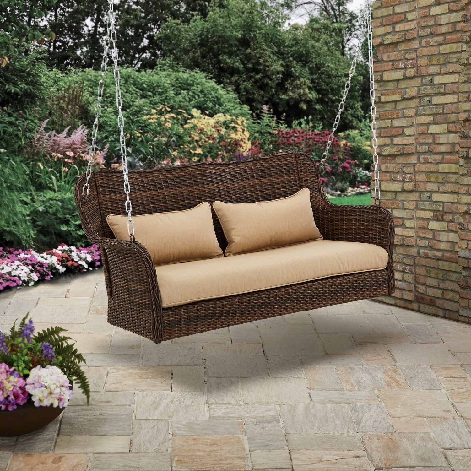 Better Homes Gardens 2 Seat Camrose Farmhouse Wicker Hanging Porch Swing with Cushions Brown