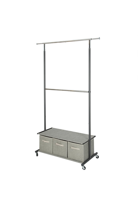 2-Tier Metal Rolling Garment Rack with 3 Drawer Closet Organizer, Gray