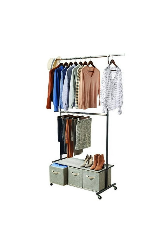 2-Tier Metal Rolling Garment Rack with 3 Drawer Closet Organizer, Gray