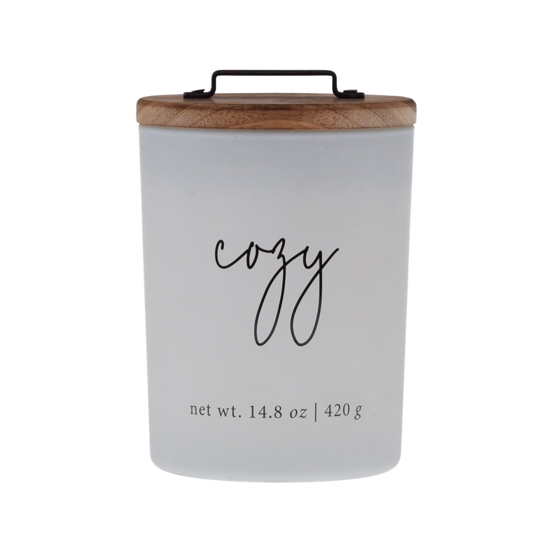 Better Homes & Gardens Farmhouse Sentiments Cozy Smoked Cedar & Snow Scented 2-Wick Candle Jar with Wood Lid, Metal Handle, White, 14.8 oz
