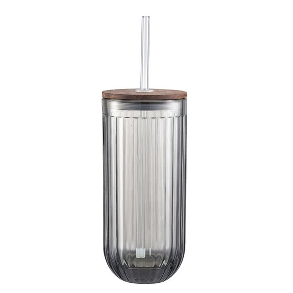 Better Homes & Gardens 20 oz Ribbed Smoke Glass Sipper with Acacia Wood Lid and Borosilicate Glass Straw