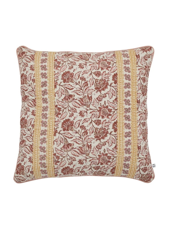 Better Homes & Gardens 20" x 20" Burgundy Red Block Print Floral Reversible Cotton Decorative Pillow