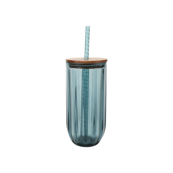 Better Homes & Gardens Fluted 21-Ounce Tritan Plastic Sipper and Straw with Acacia Wood Lid, Blue