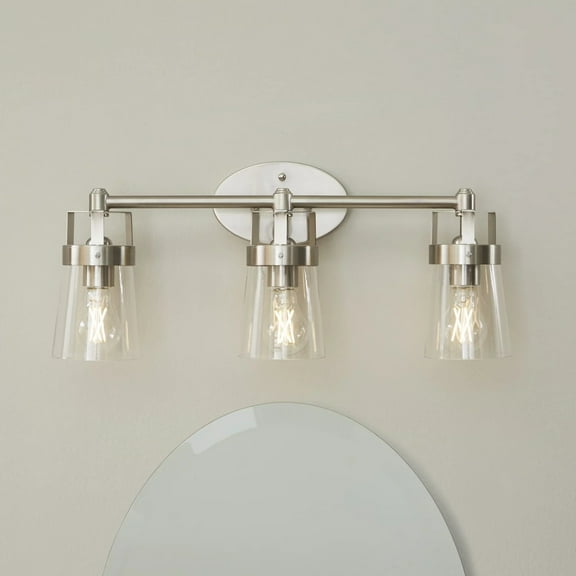 Better Homes & Gardens 22" Modern Satin Nickel 3-Light Vanity Light, Glass Shades, A19 LED Bulbs