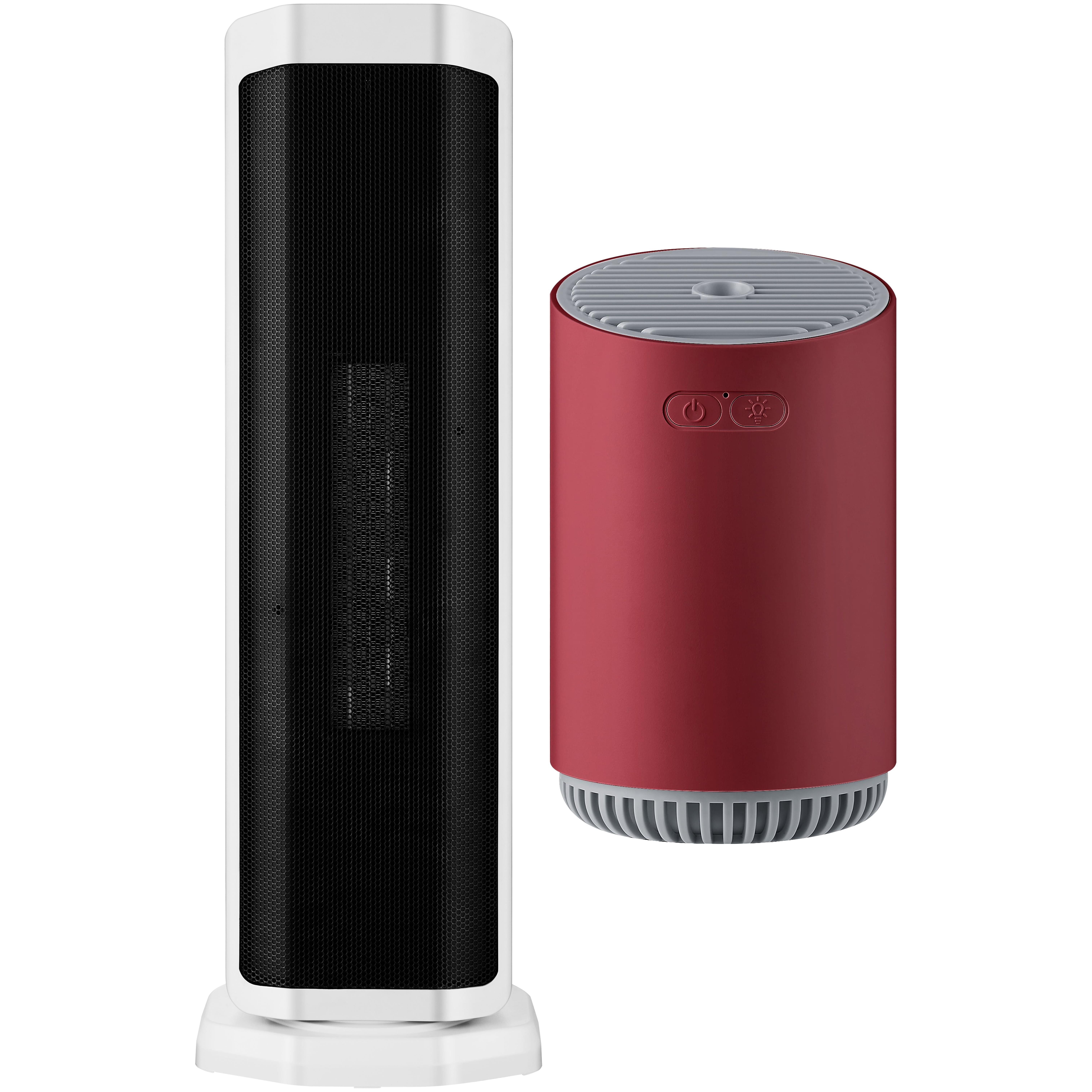 Better Homes & Gardens 23" Electric Tower Ceramic Heater and Mainstays Rechargeable Cool Mist Travel Humidifier 320 ml with 7-color LED Lights, MHD-02RED, Red Burgundy