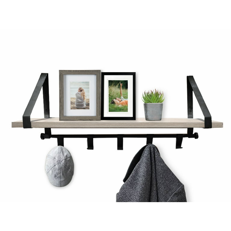 Better Homes & Gardens 23 Lightwood and Black Finish Shelf with Brackets  and Hooks 