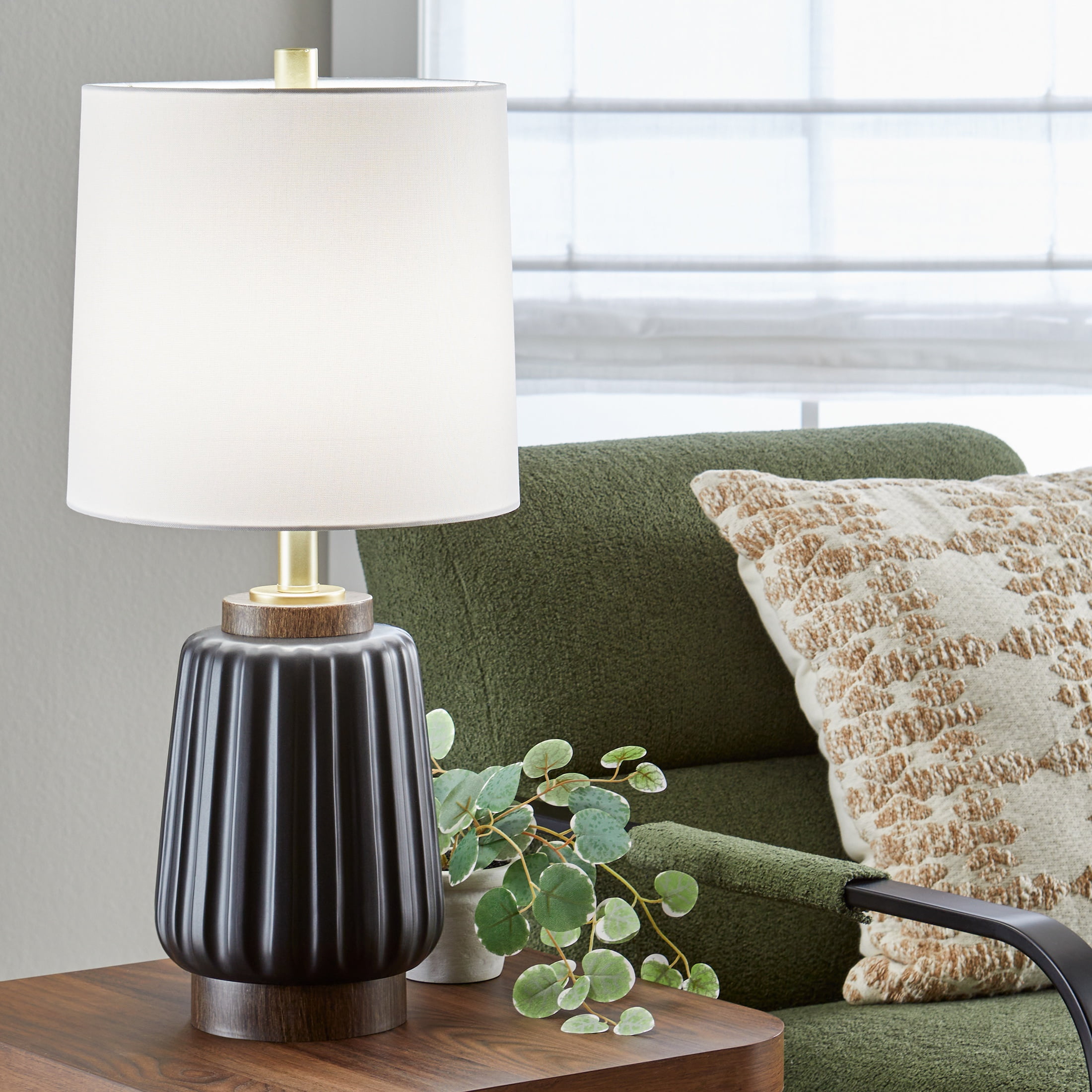 Better Homes & Gardens 24" Black Ribbed Ceramic & Wood Table Lamp