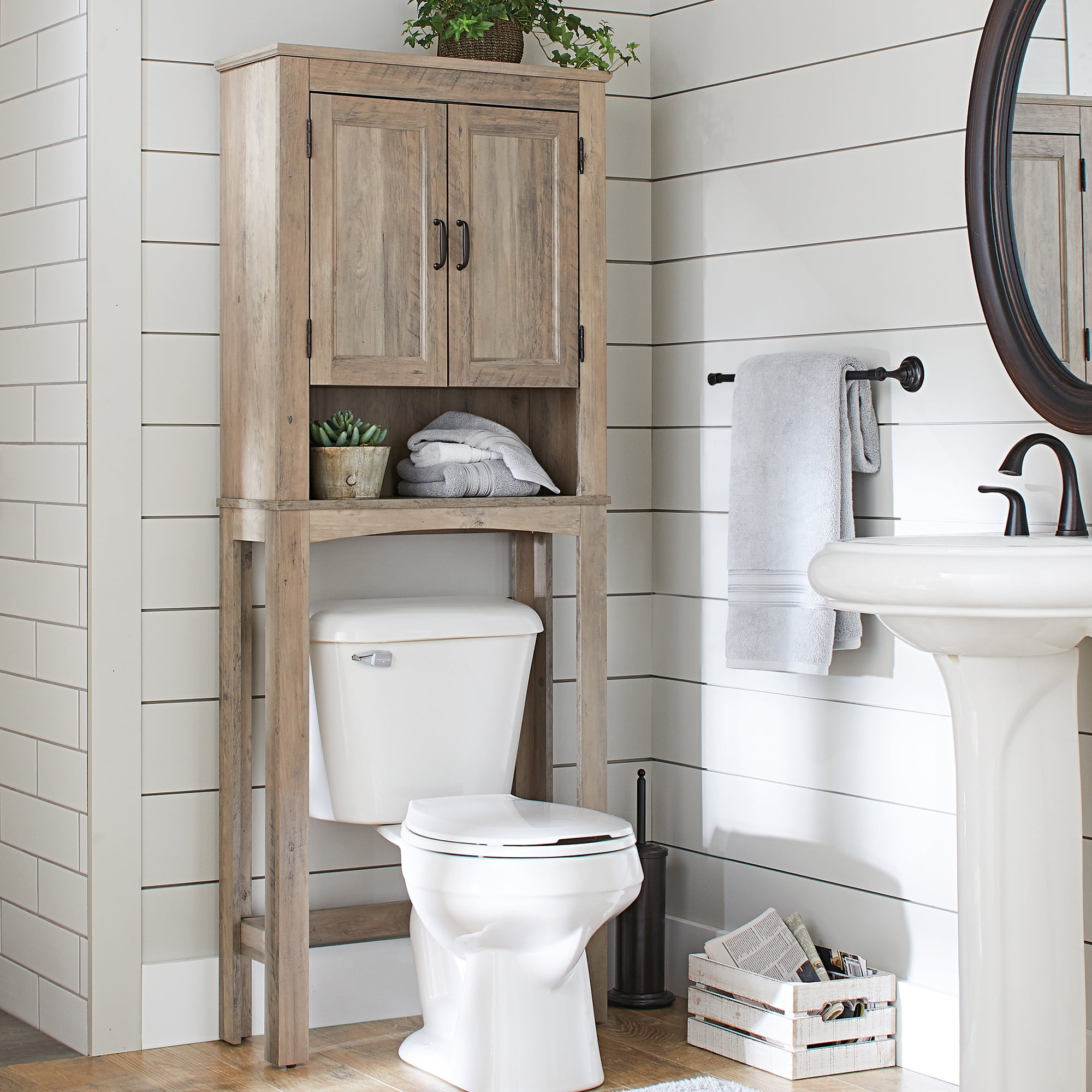 Gray Wood Toilet Paper Stand With Shelf and Extra Storage 3 