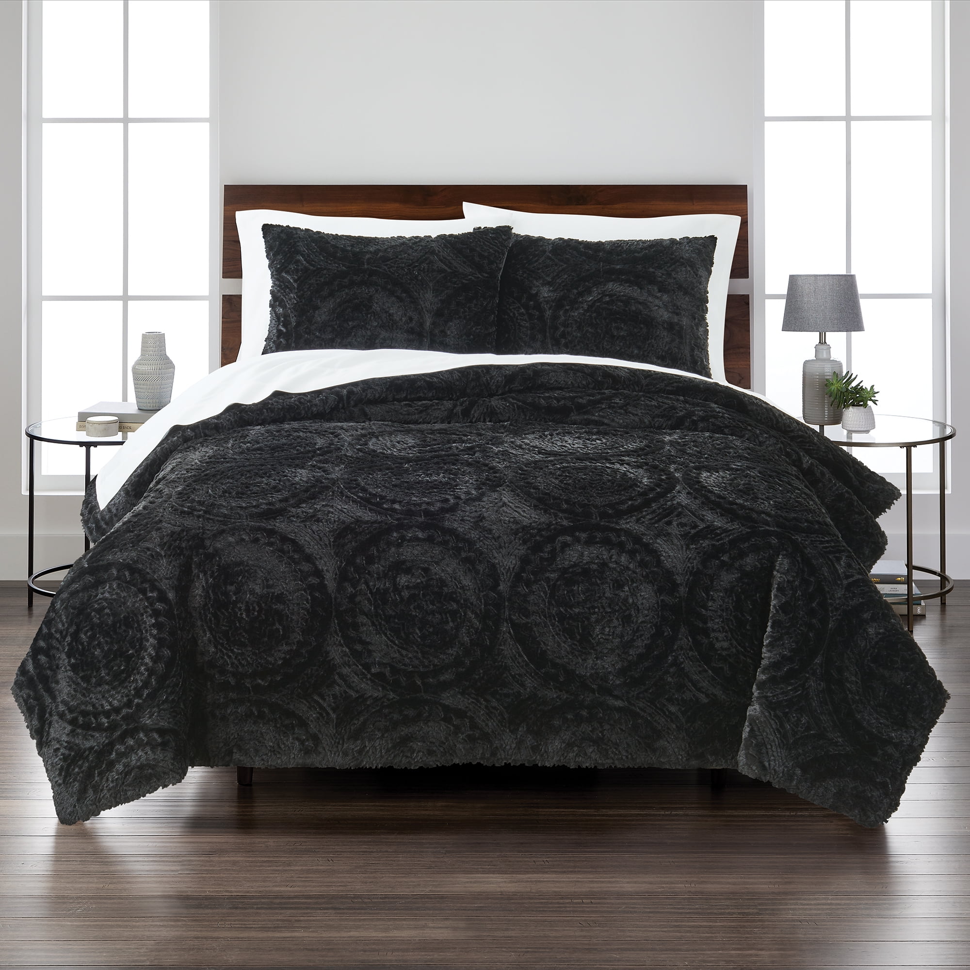 Better Homes & Gardens 3-Piece Black Embroidered Faux Fur Comforter Set, King