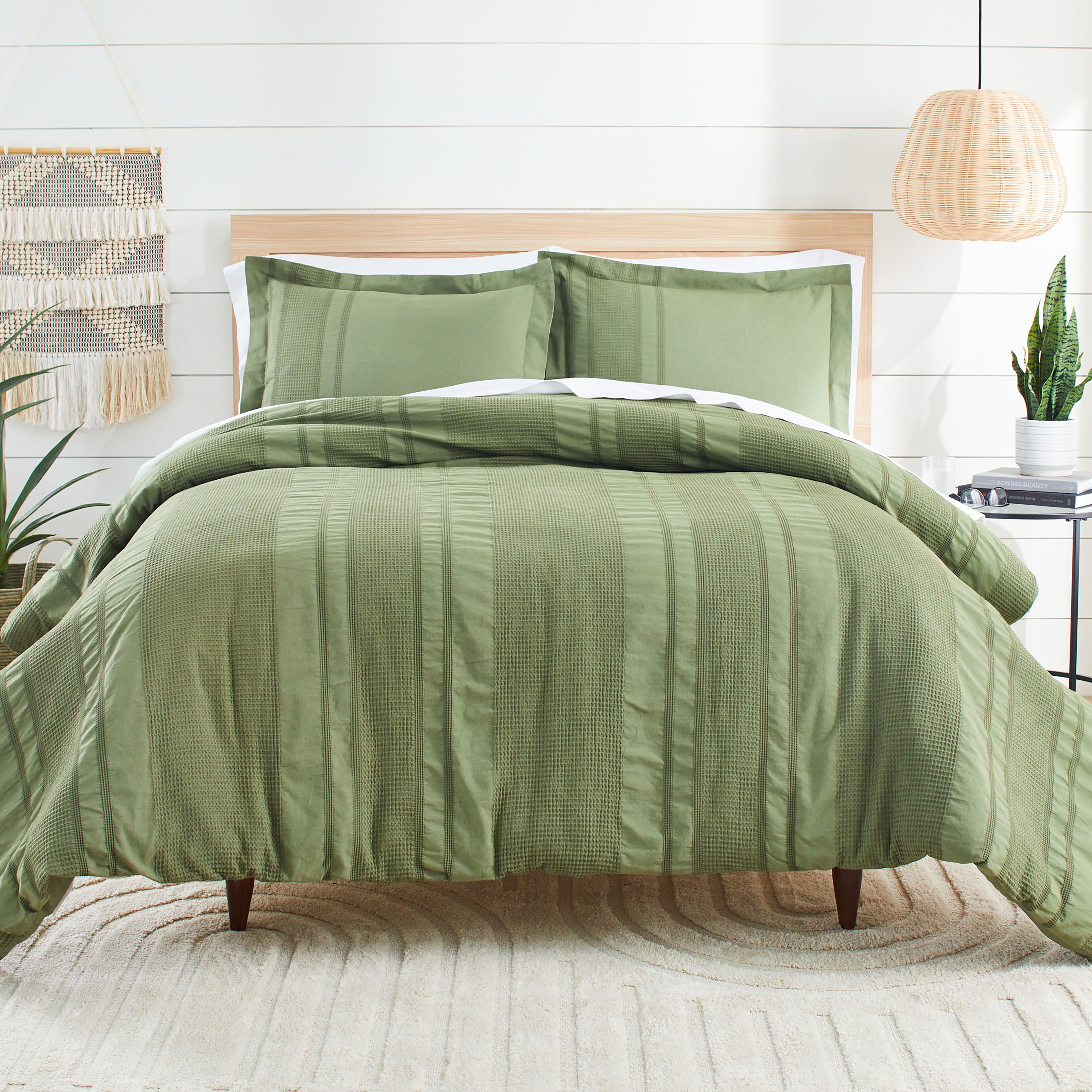 Better Homes Gardens 3 Piece Green Waffle Stripe Comforter Set Full Queen Walmart
