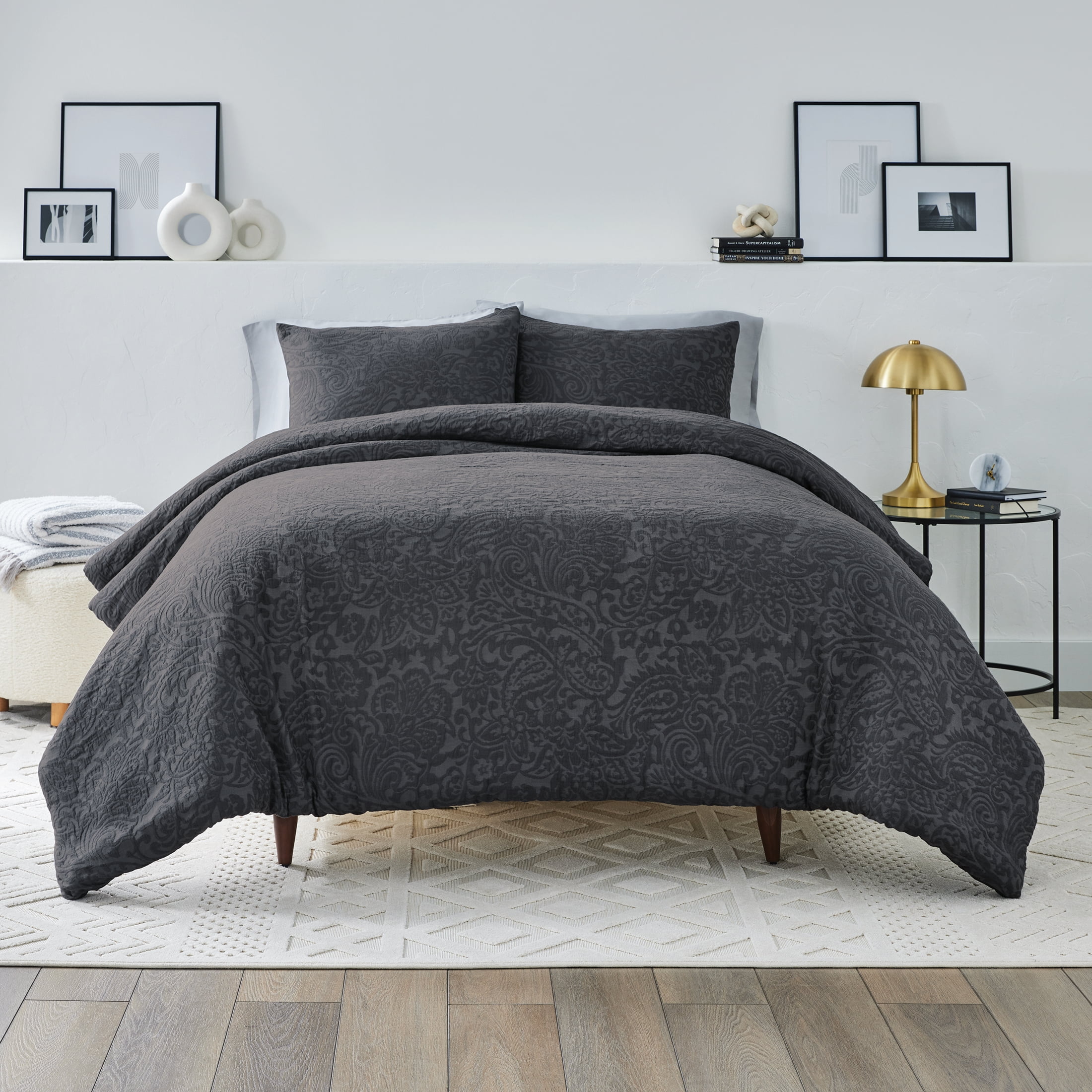 Full Gray Floral Poly Fill Comforter Set with Pillow Shams