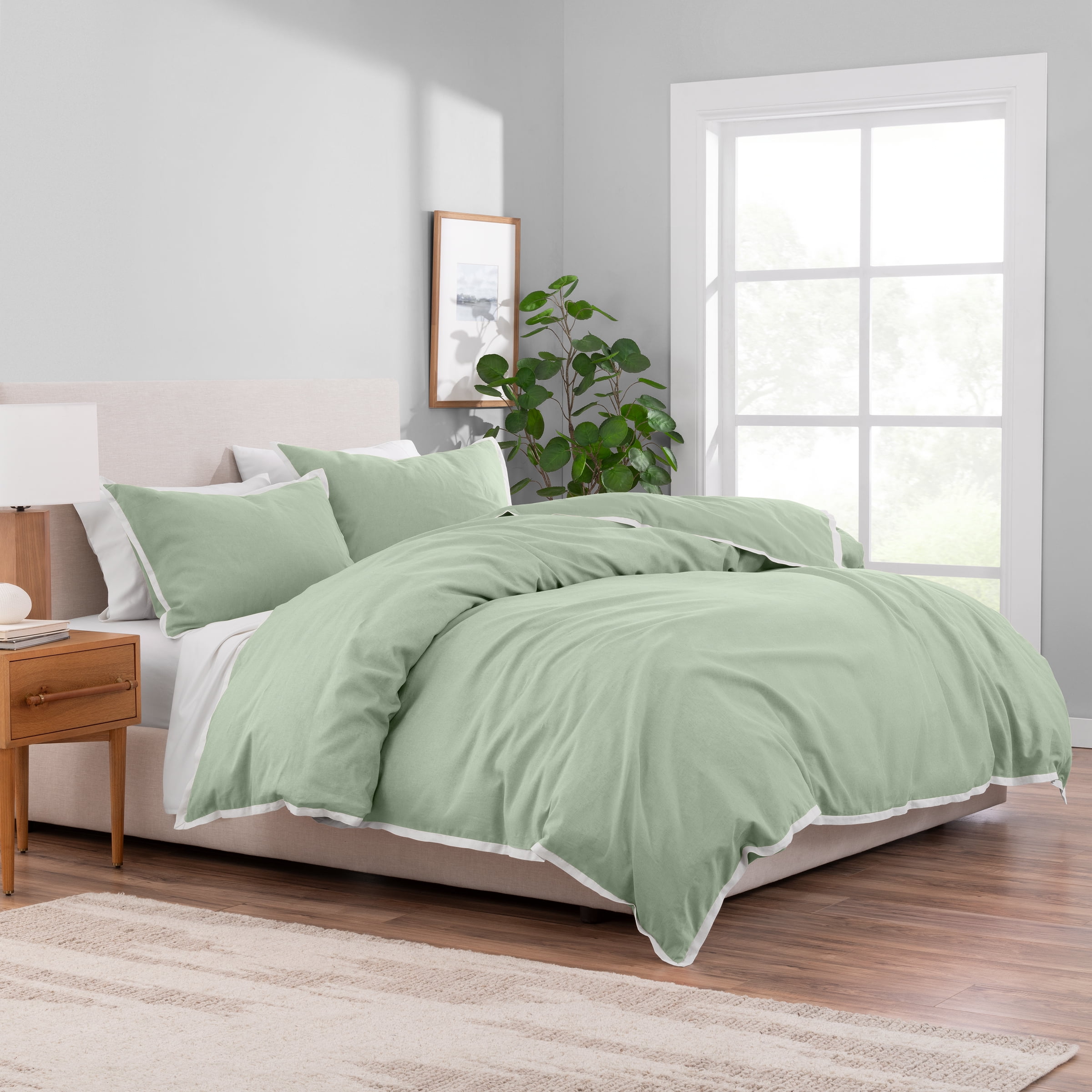 Better Homes & Gardens Solid Color Contrast Border Linen Flange Soft Sea King 3-Piece Duvet Cover Set