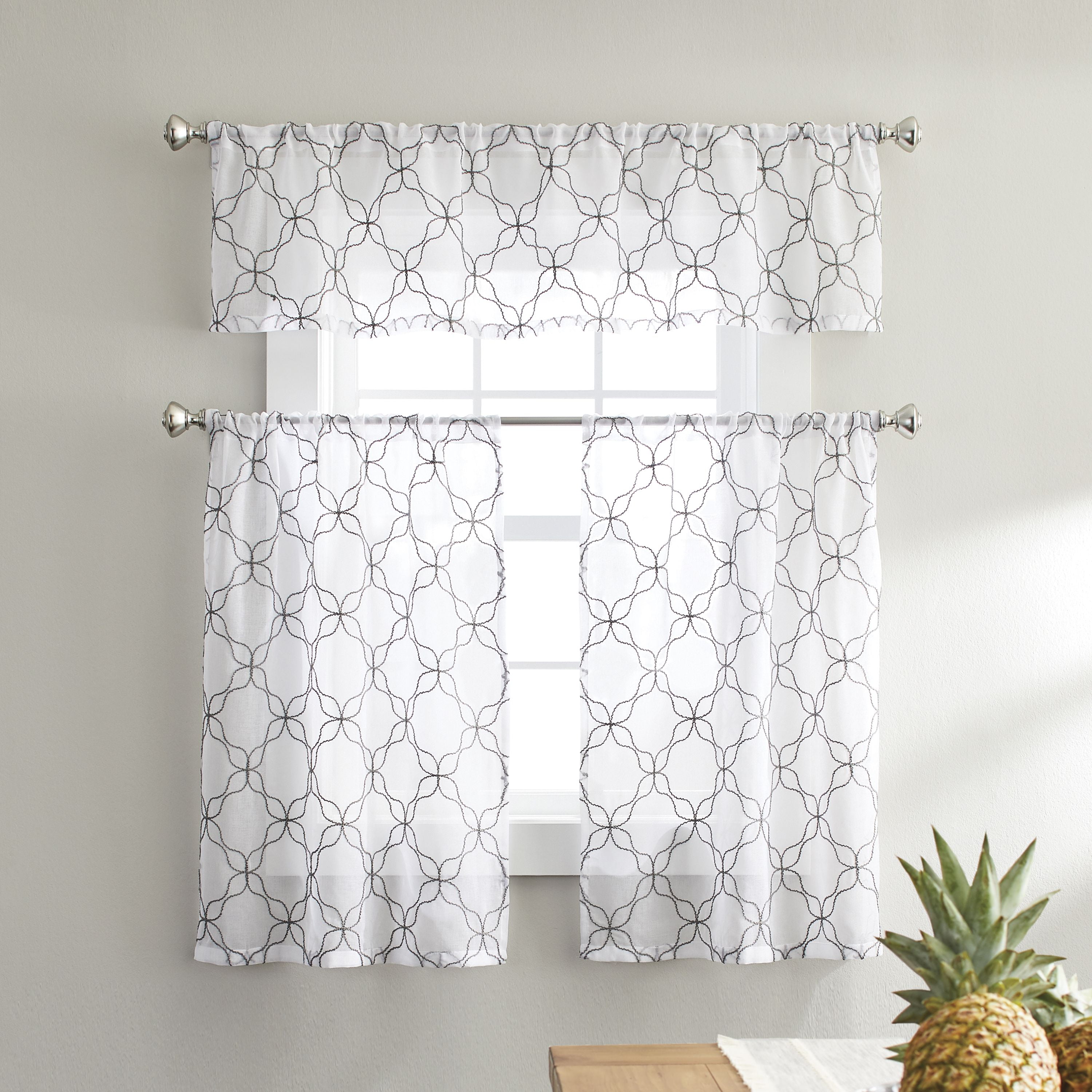 Better Homes & Gardens 3-Piece Sheer Quatrefoil Window Valance and Tier Set, Grey, 36 in x 60 in
