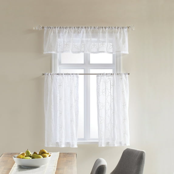 Better Homes & Gardens Quatrefoil Embroidered Detail, White, 3 Piece Tier and Valance Set, Sheer, 36”W x 60”L, Indoor, Adult