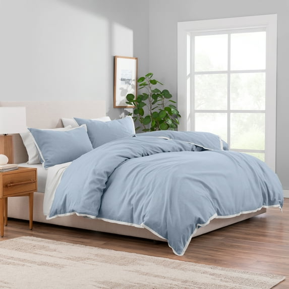 Better Homes & Gardens Solid Color Contrast Border Linen Flange Blue Water Full/Queen 3-Piece Duvet Cover Set