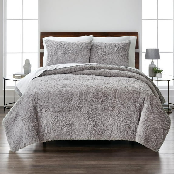 Better Homes & Gardens 3-piece Grey Embroidered Faux Fur Comforter Set, King