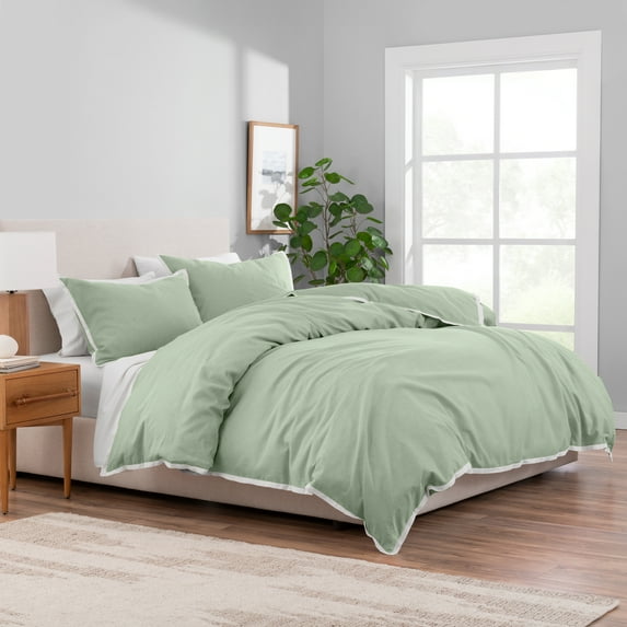 Better Homes & Gardens Solid Color Contrast Border Linen Flange Soft Sea Full/Queen 3-Piece Duvet Cover Set