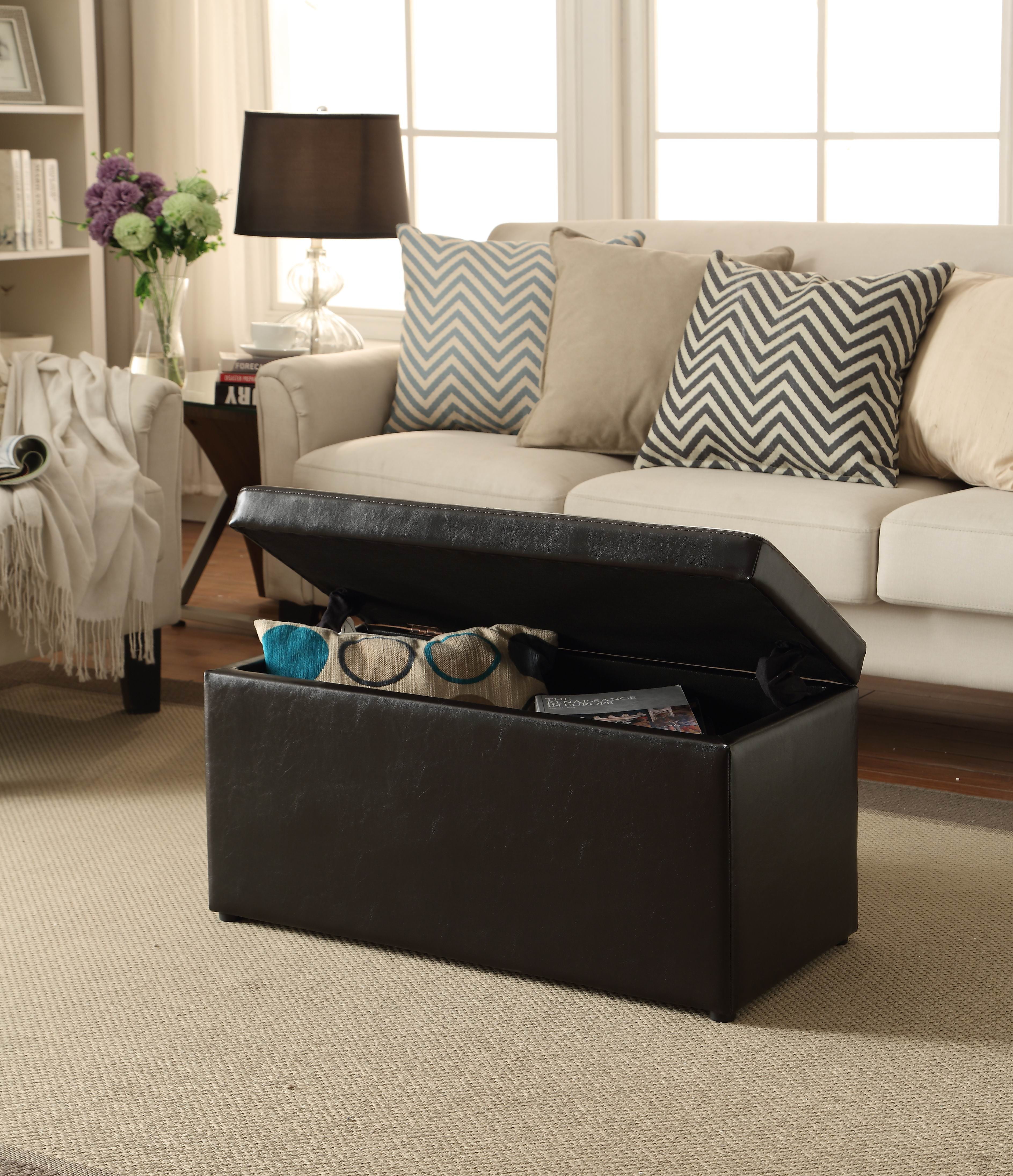 Brown Faux Leather Hinged Storage Ottoman with Foam Fill