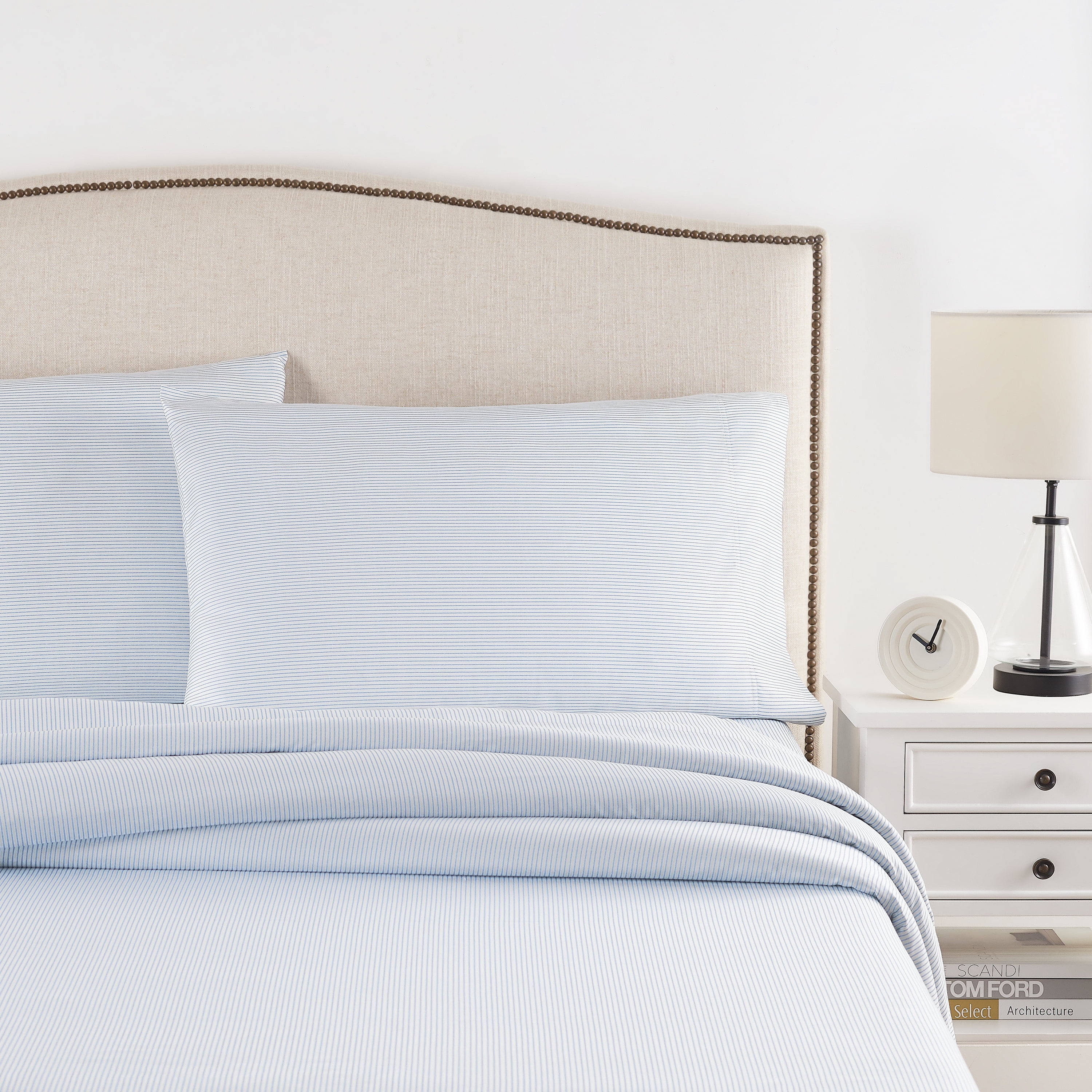 Better Homes & Gardens 300 Thread Count 100% Cotton Wrinkle Resistant Sheet Set, King Blue Pinstripe