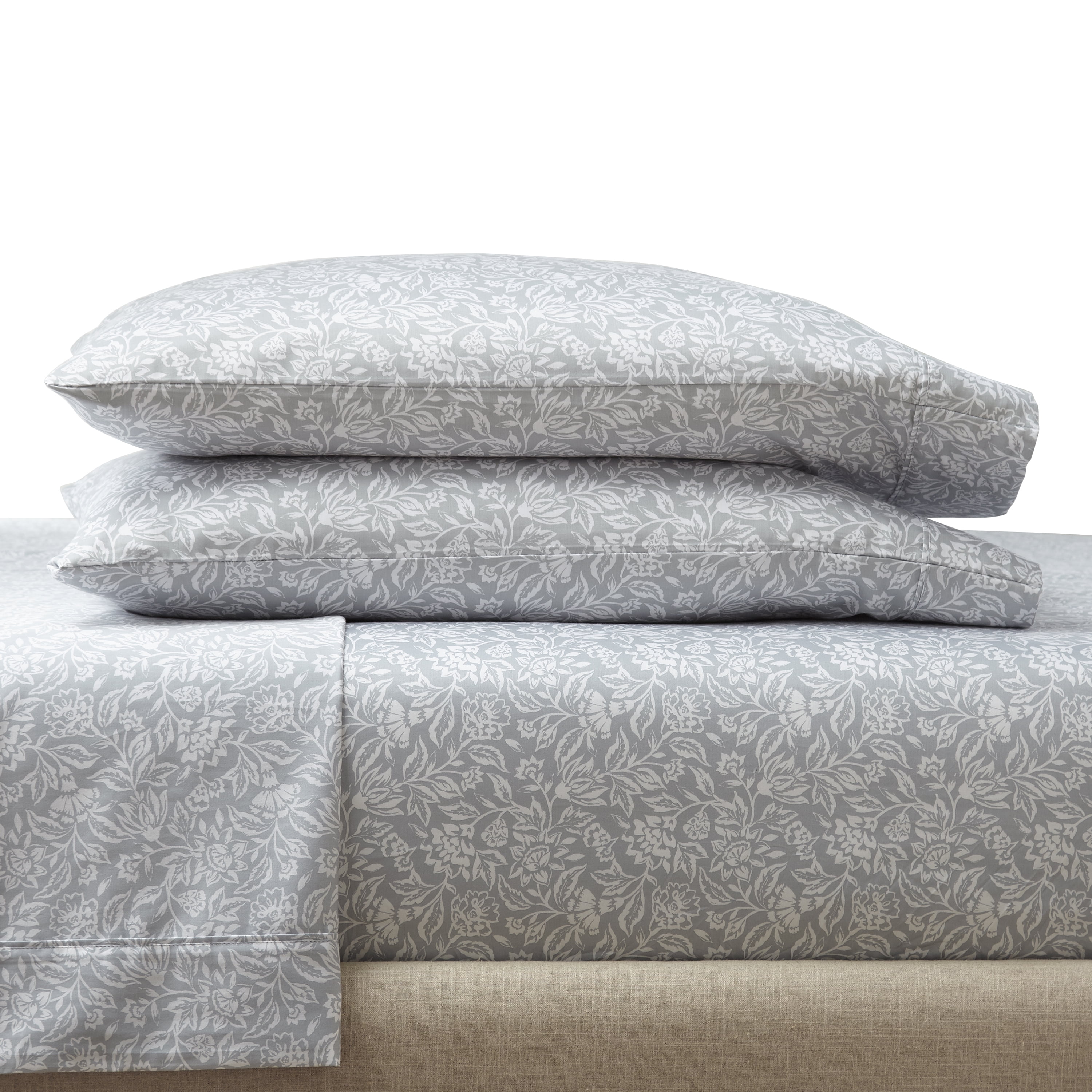 Better Homes & Gardens 2-Piece 300 Thread Count Block Print Floral Soft Silver Cotton Sateen Pillowcase Set, Standard/Queen