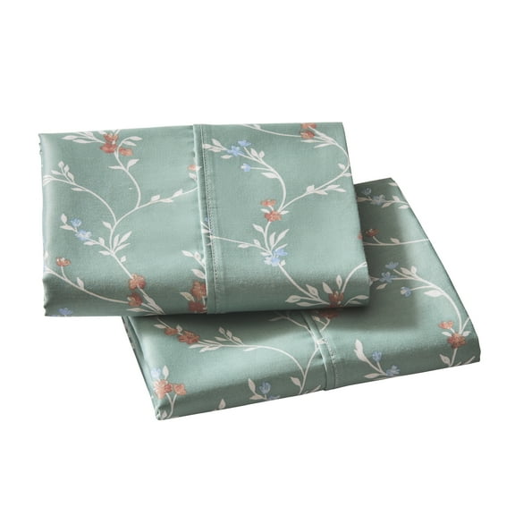 Better Homes & Gardens 2-Piece 300 Thread Count Lysia Floral Green River Cool Cotton Sateen Pillowcase Set, Standard/Queen