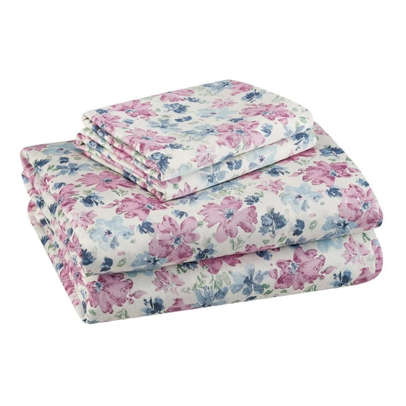 Better Homes & Gardens 300 Thread Count Purple Floral Cotton Sateen Bed Sheet Set, Queen
