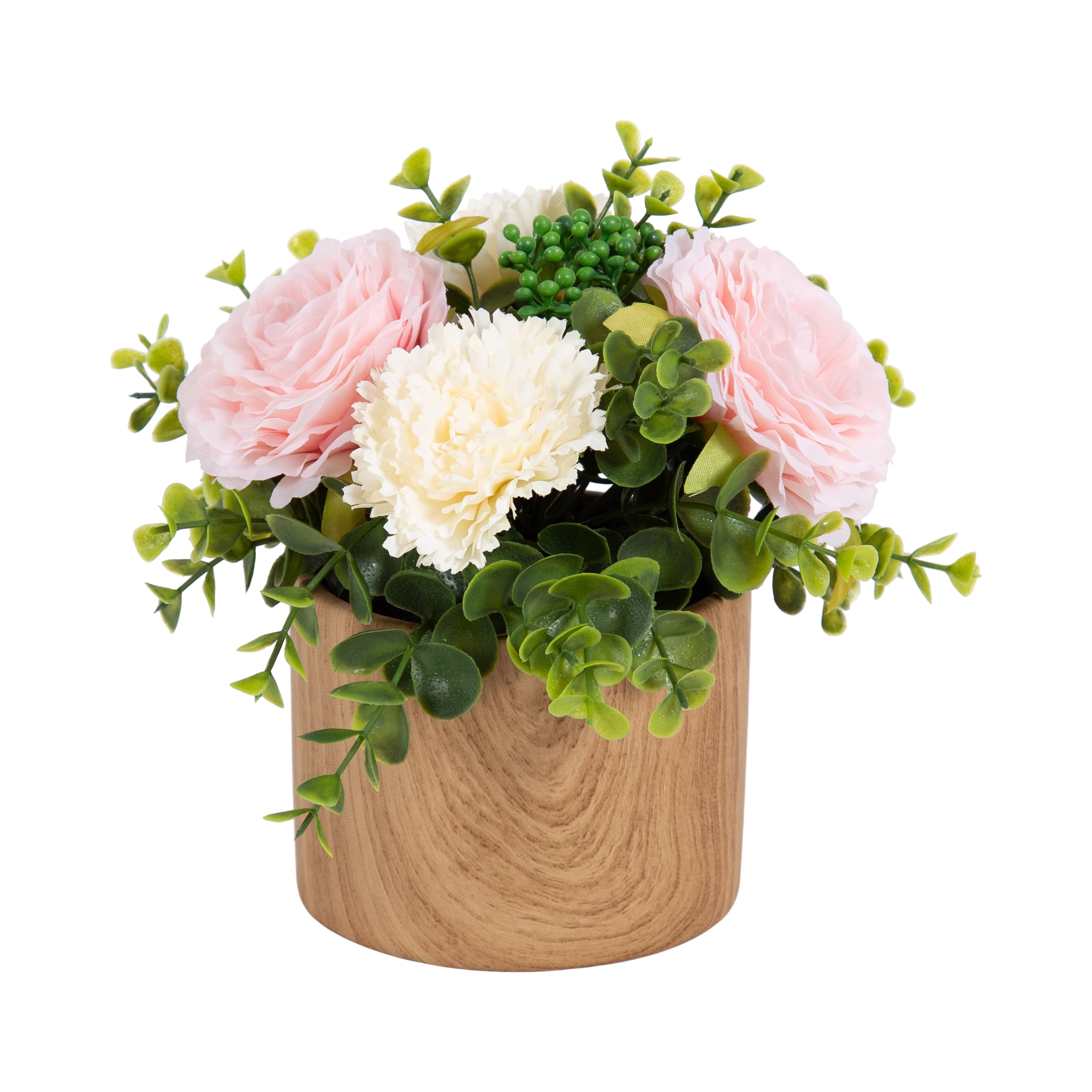 4.5" Pink and White Artificial Floral Arrangement in Wood Grain Ceramic Pot