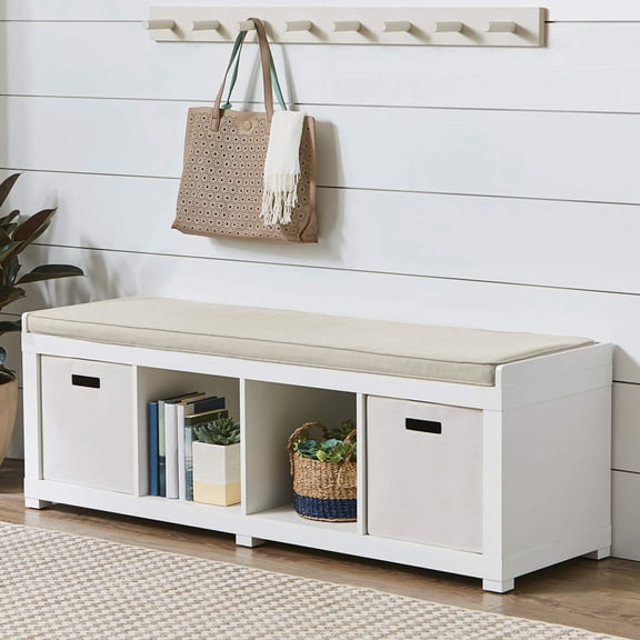 (Open Box) Better Homes & Gardens 4-Cube Shoe Storage 58.39" Bench, White