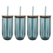 Better Homes & Gardens 4-Piece 21-Ounce Tritan Plastic Sipper and Straw with Acacia Wood Lid Set, Blue
