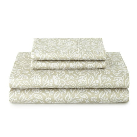 Better Homes & Gardens 4-Piece 300 Thread Count Sateen King Sheet Set, Floral Almond Biscuit