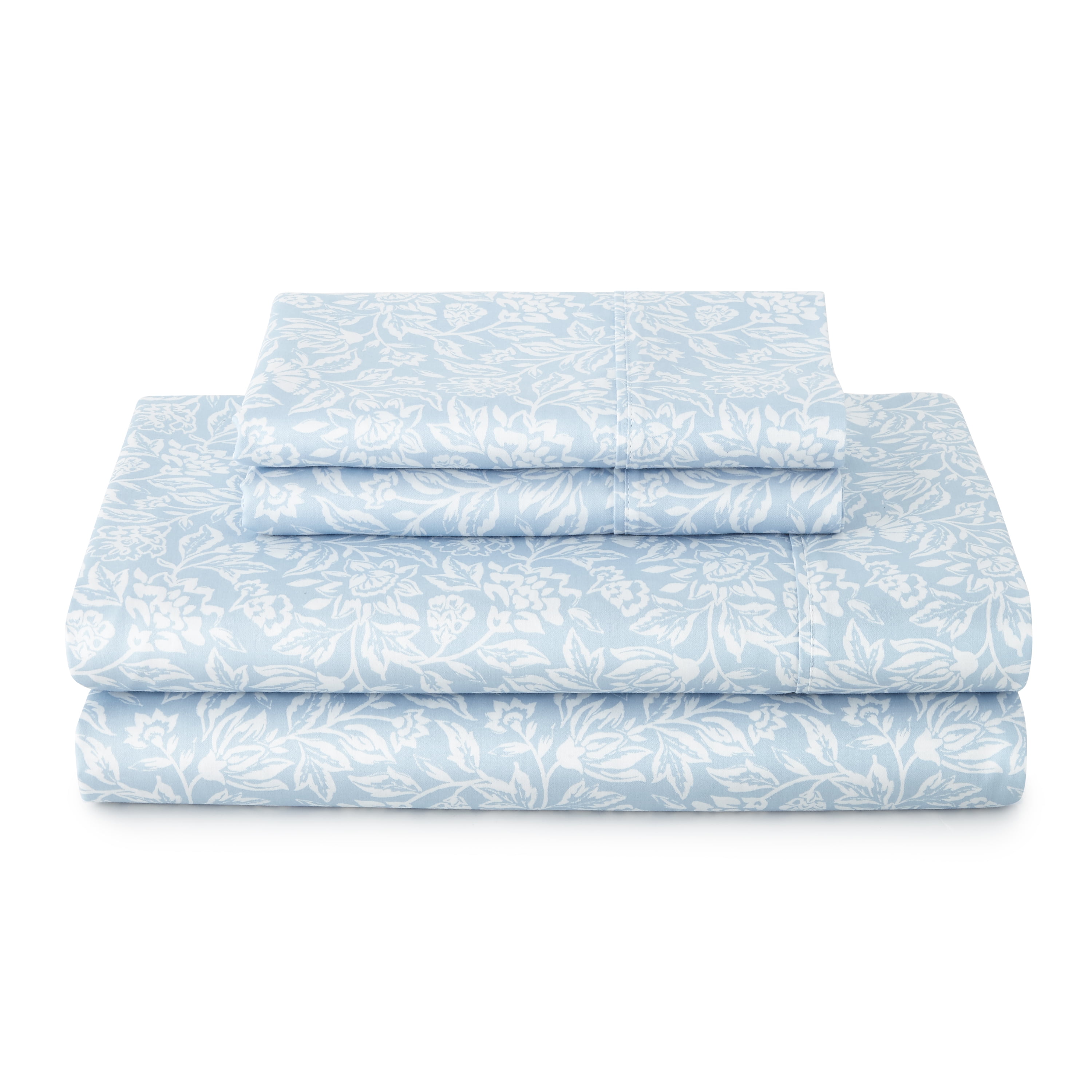 Better Homes & Gardens 4-Piece 300 Thread Count Floral Blue Water 100% Cotton Sateen Sheet Set, Queen