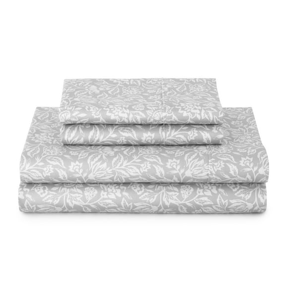 Better Homes & Gardens 4-Piece 300 Thread Count Block Print Floral Soft Silver Cotton Sateen Bed Sheet Set, Queen