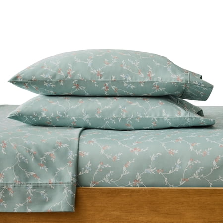 BETTER HOMES & GARDENS 4-PIECE 300 THREAD COUNT LYSIA FLORAL GREEN RIVER COTTON SATEEN BED SHEET SET, QUEEN