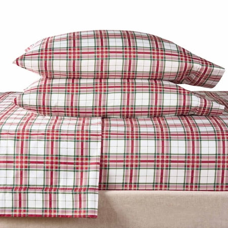 Better Homes & Gardens 4-Piece 300 Thread Count Red Plaid Sateen Sheet Set, Queen