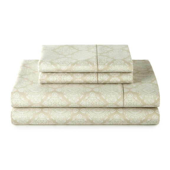 Better Homes & Gardens 4-Piece 400 Thread Count Ogee Print Almond Biscuit Performance Bed Sheet Set, Full