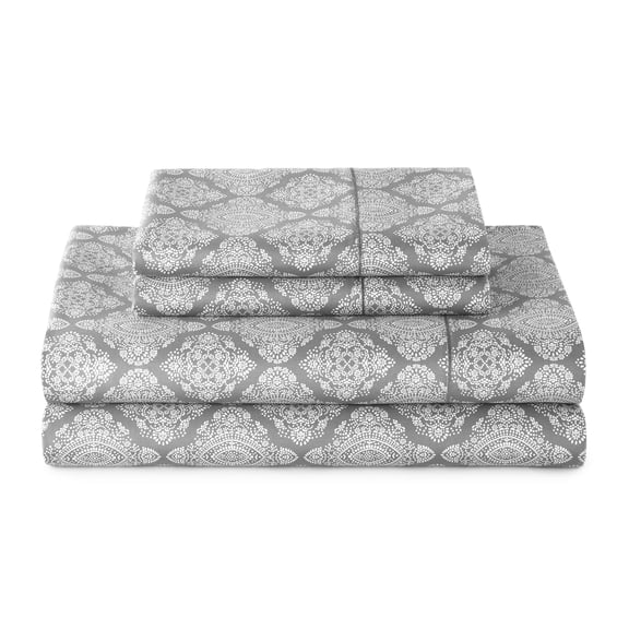Better Homes & Gardens 4-Piece 400 Thread Count Ogee Grey Flannel Performance Bed Sheet Set, Full