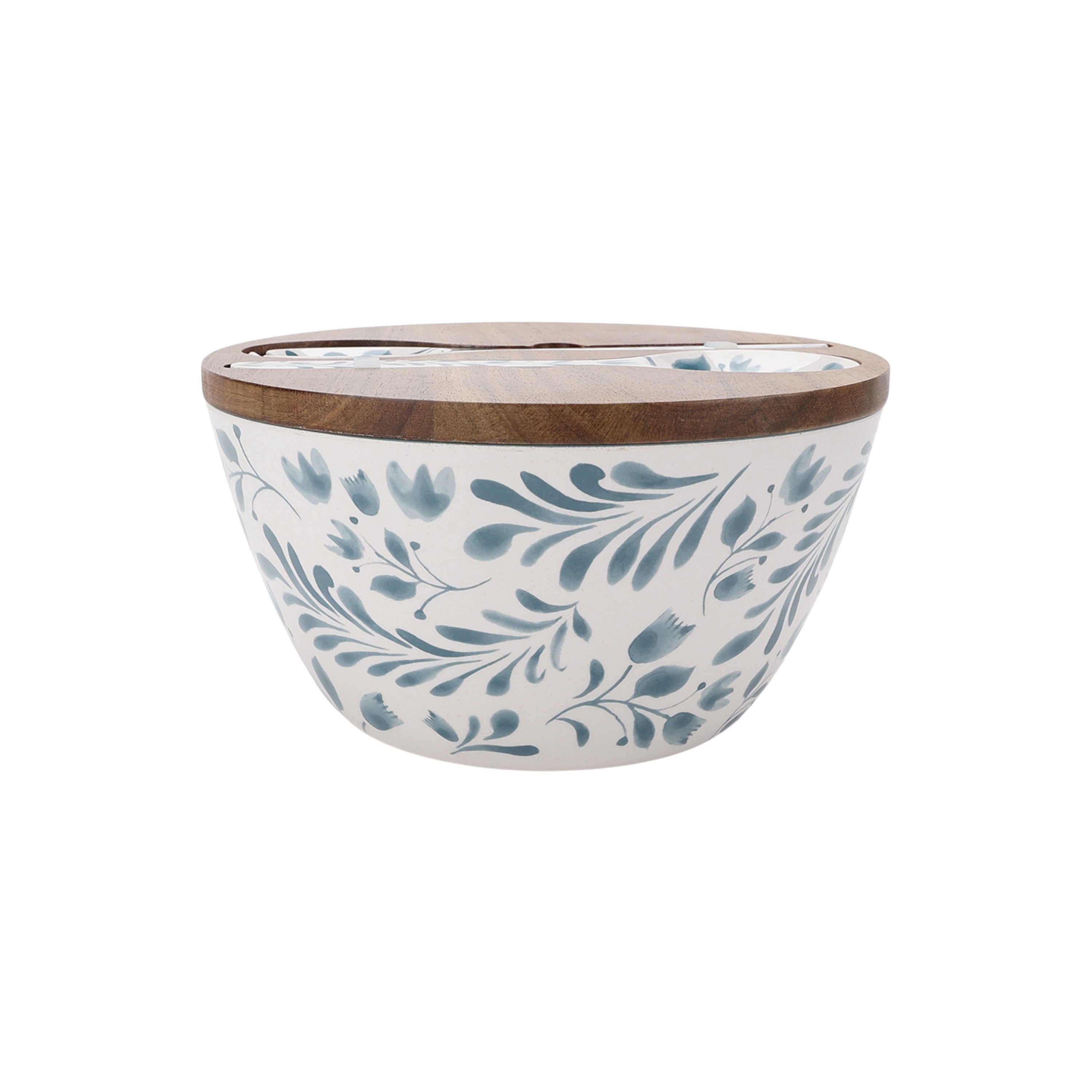 Better Homes & Gardens 4-Piece Bamboo Melamine Salad Serving Bowl and Utensil Set with Acacia Wood Lid, Blue - Walmart.com