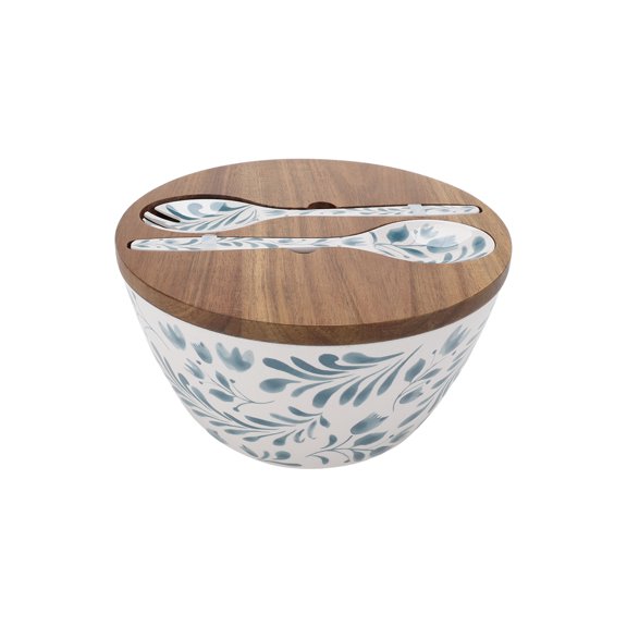 Better Homes & Gardens 4-Piece Bamboo Melamine Salad Serving Bowl and Utensil Set with Acacia Wood Lid, Blue