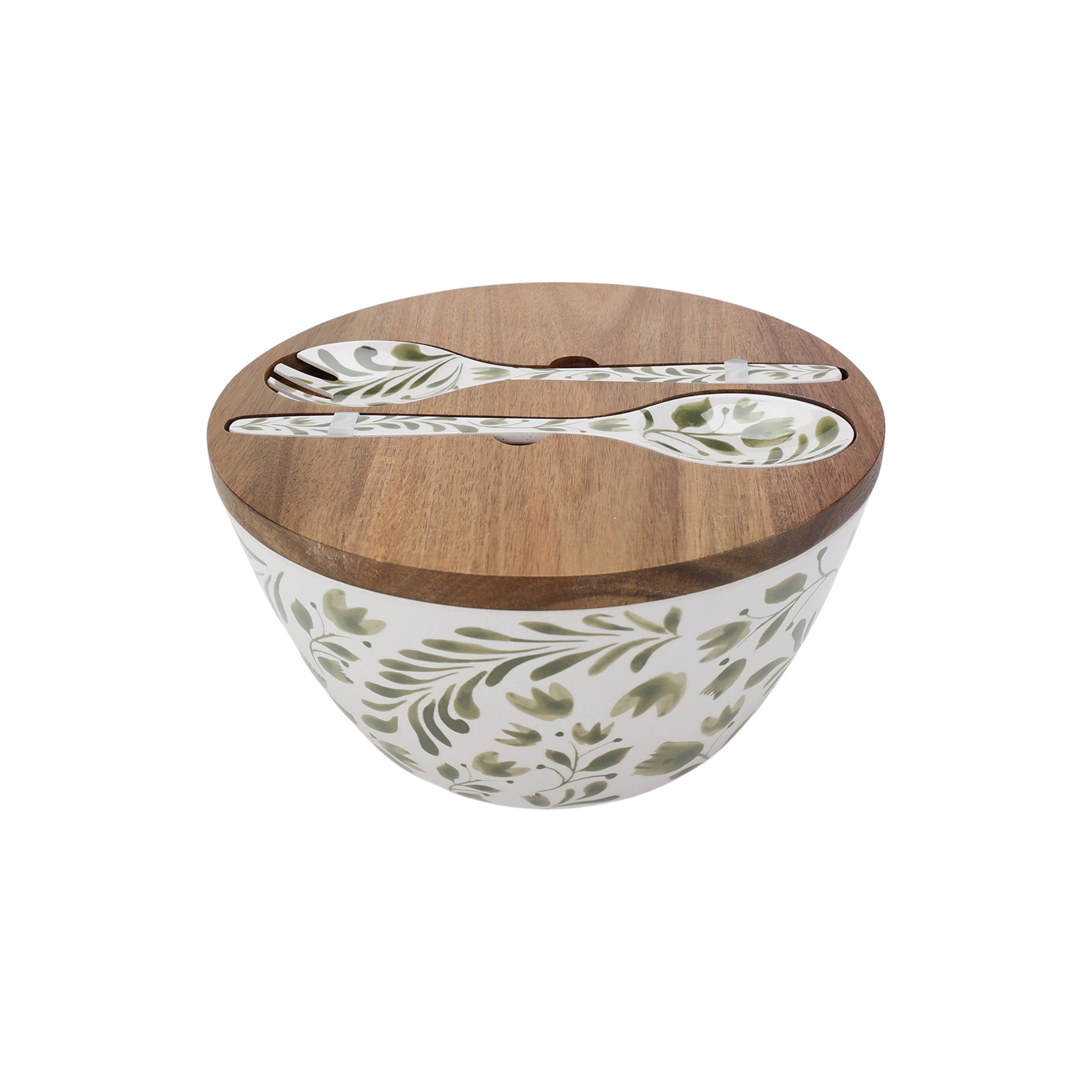 Better Homes & Gardens 4-Piece Bamboo Melamine Salad Serving Bowl and Utensil Set with Acacia Wood Lid, Green - Walmart.com
