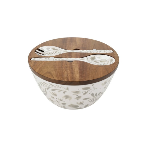 Better Homes & Gardens 4-Piece Bamboo Melamine Salad Serving Bowl and Utensil Set with Acacia Wood Lid, Grey
