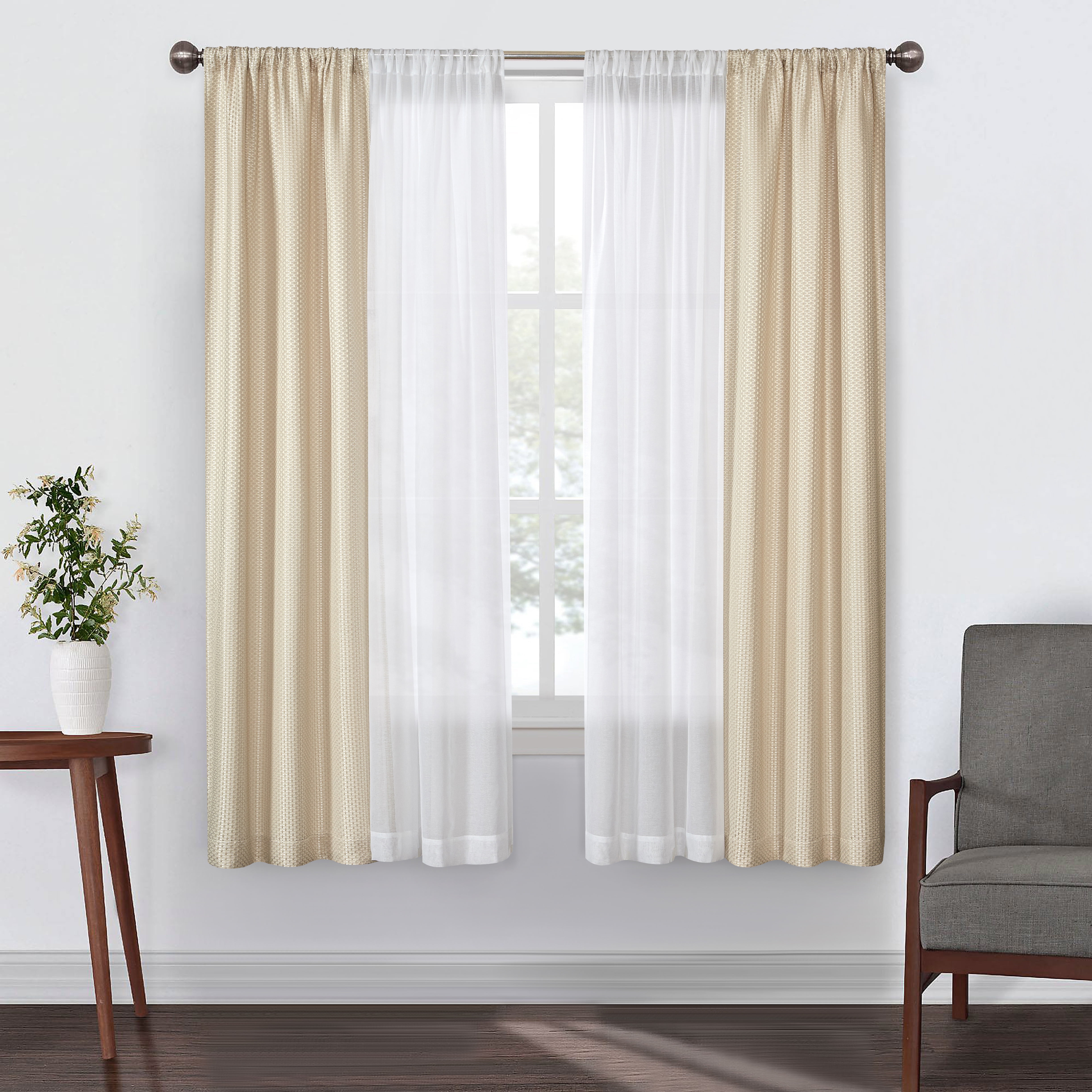 Better Homes & Gardens 4 Piece Beige Open Stitch & Solid Curtain & Sheer Panel Set, Beige, 74x84